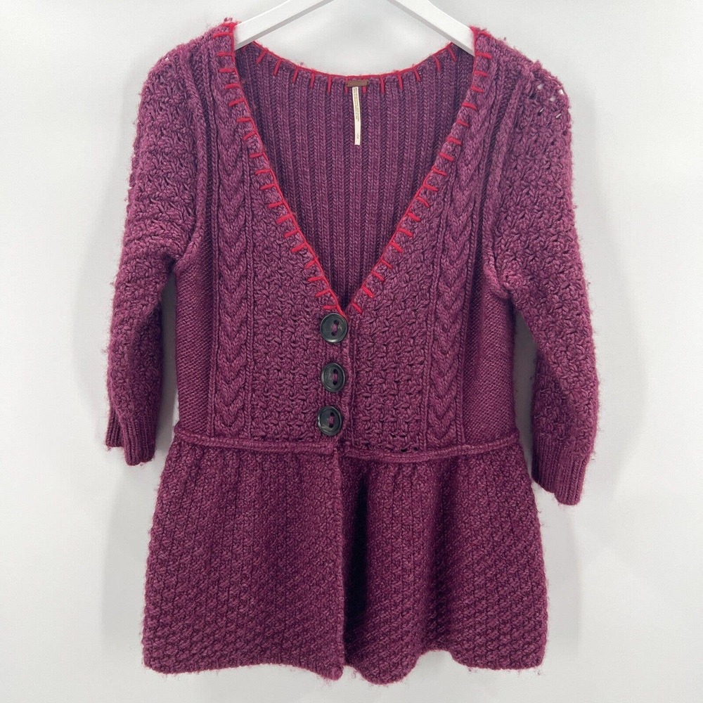 Free People Burgundy Textured Cardigan
